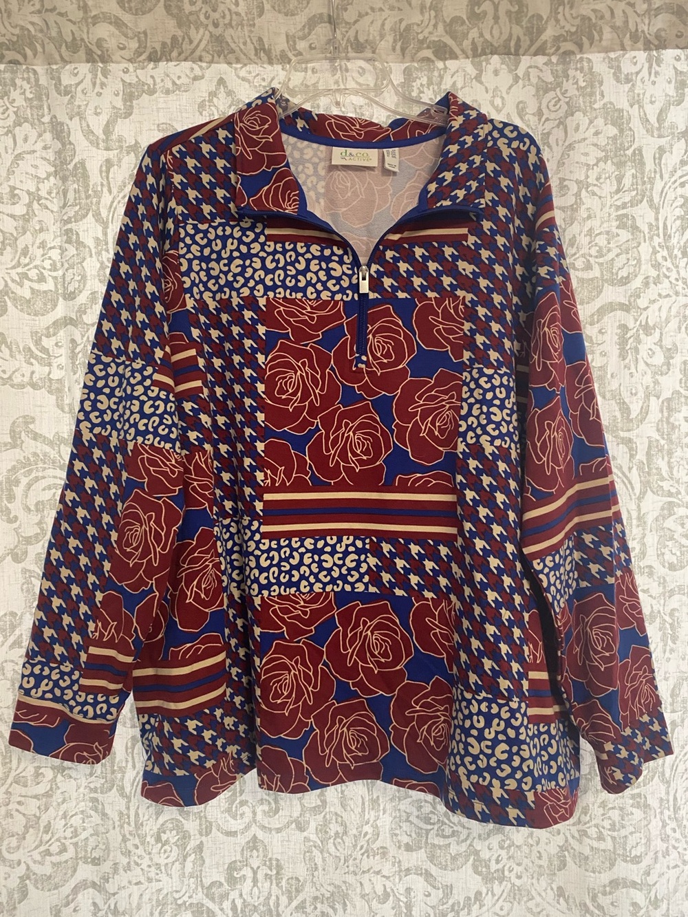 Denim & Co Active Terry Cloth Pull Over Mixed Print Sweatshirt Red Blue 2X